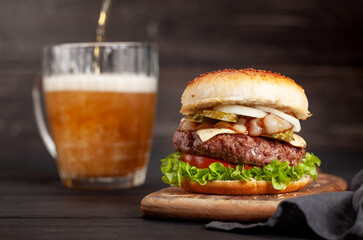 Homemade tasty burger and beer