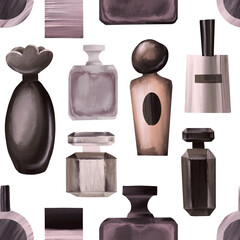 Beauty Seamless pattern: perfume, jar, vessel, perfume, makeup, beauty accessories, design elements, beauty salon, fashion, style.