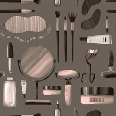 Beauty Set seamless pattern: Cosmetics, lipstick, perfume, makeup, manicure, beauty accessories, design elements, beauty salon, fashion, style.