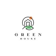 line art house and leaf green logo icon vector template