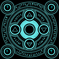 light blue magic incantation circle with fantasy alphabets spell (named Fotonth) and four elemental alchemist symbol (earth water wind fire) on black background