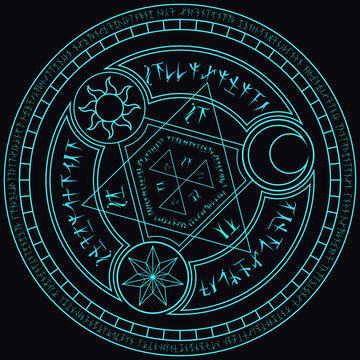 light blue magic incantation circle with fantasy alphabets spell (named Fotonth) and symbol of sun moon star on black background