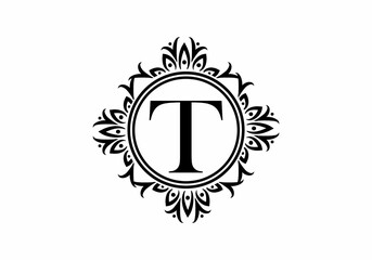 Black initial T letter in classic frame