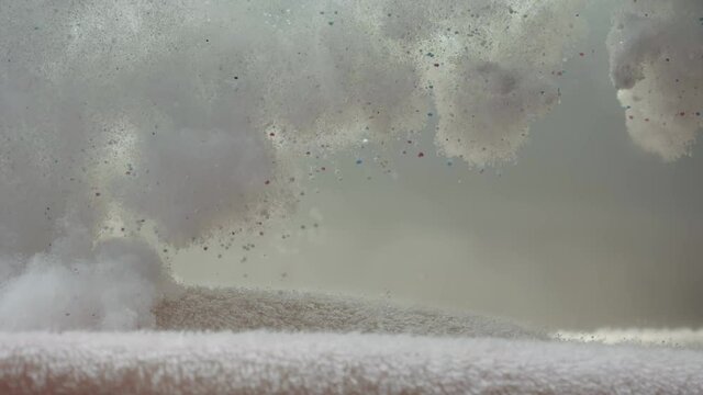 Washing Powder Pouring in Water on Fabric and Dissolve in Underwater, Laundry Concept