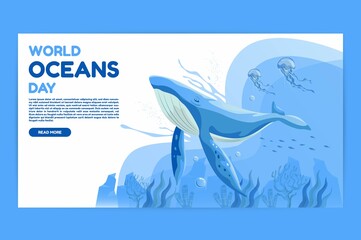 World oceans day 8 June web banner. Save our ocean. Large whale  and fish were swimming underwater with beautiful coral and seaweed background vector illustration. 
