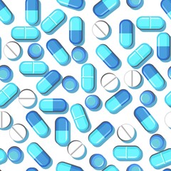Medicines seamless pattern. Illustration with pills. Concurrency. Medicinal drugs. Pharmaceuticals. Ambulance. Pharmacy. Flat design. Vector