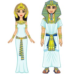 Animation Egyptian imperial family in ancient clothes. Full growth. Isolated on a white background.