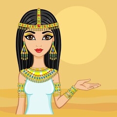 Portrait of the animation Egyptian princess. Background desert.