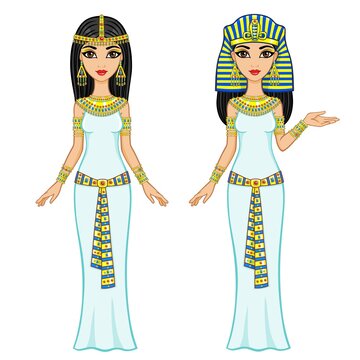 Animation Egyptian princesses in different poses. Full growth. The vector illustration isolated on a white background.
