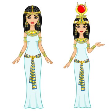 Animation Egyptian princesses in different poses. Full growth. The vector illustration isolated on a white background.