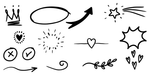 hand drawn set of curly swishes, swashes, swoops. Abstract arrows,  Arrow, heart, love, star, leaf, sun, light, crown, king, queen, on doodle style for concept design. vector illustration.