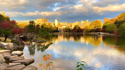 Fototapeta na wymiar Small but very beautiful garden pond in Nagoya Tokugawaen Prefecture.
