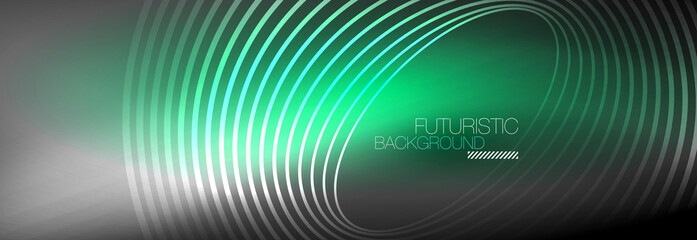 Dark abstract background with glowing neon circles. Trendy layout template for business or technology presentation, internet poster or web brochure cover, wallpaper