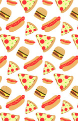 Vector pattern with food elements. Pizza, hamburger, hot dog. Packaging paper, cafe menu, poster
