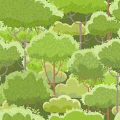 Rural summer beautiful landscape. Forest. Seamless pattern. Cartoon style. Trees and shrubs. Romantic beauty. Background. Flat design illustration. Vector art