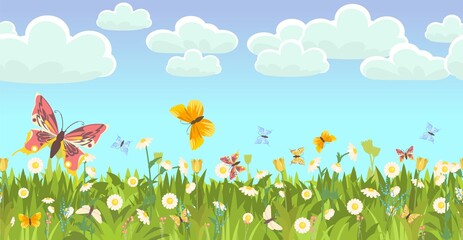 Fototapeta na wymiar Meadow with wildflowers and butterflies. Seamless illustration. Grass close-up. Green landscape. Summer sky. Cartoon style. Flat design. Flowers. Vector art