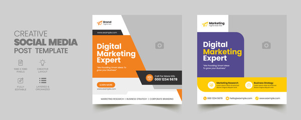 Business marketing banner for social media post template. Digital modern web banner with blue background and abstract yellow shape. Usable for social media, flyers, and websites