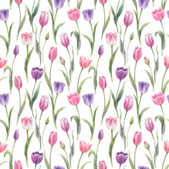 Obraz premium Beautiful floral seamless pattern with hand drawn watercolor tulip flowers. Stock illustration.