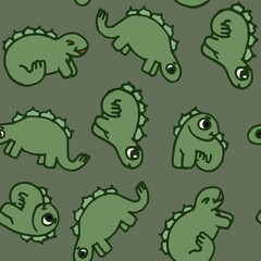 Cheerful funny dinosaur. Seamless dino illustration. Cartoon sketch style. Hand outline drawing of animal. vector