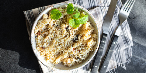 couscous vegetables and spices no meat appetizer fresh portion organic, wholesome dish on the table healthy food meal snack copy space food background rustic. top view veggie vegan or vegetarian food