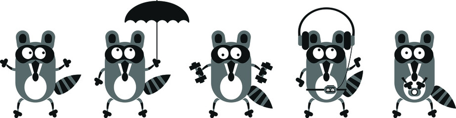 Cartoon raccoons. Raccoons for different activities.