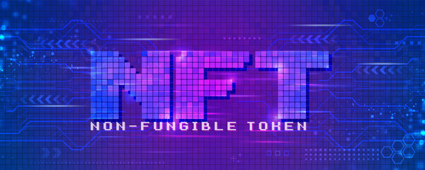 NFT non fungible tokens pixels text on blue background, Website header template for NFT nonfungible tokens, Pay for unique collectibles for art, Vector illustration
