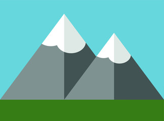 Drawing of a mountain range with snowy peaks. Flat style.