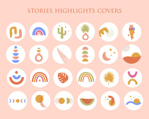 Bohemian Summer Set of abstract story highlight cover in bright colors. Trendy boho hand drawn shapes doodle in contemporary style. Modern vector round social media stories for bloggers.