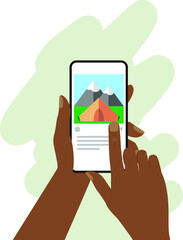 Human hands swipe social network in the phone. Resting place mark. Rest and travel. Rock, tourist tent.