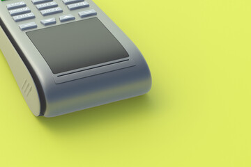 Portable cash register on yellow background. Copy space. 3d render