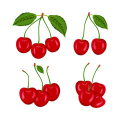Set of red cherries with leaves, hand drawn cartoon flat cherry fruits vector illustration.