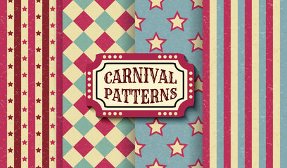 Set of carnival retro vintage seamless patterns. Textured old fashioned circus wallpaper templates. Collection of vector texture background tiles. For parties, birthdays, decorative elements. © Olga