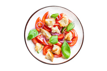panzanella tomato salad , croutons, onion, rusk on the table healthy food meal snack vitamin copy space food background rustic. top view veggie vegan or vegetarian food