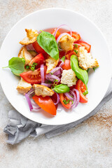 panzanella tomato salad , croutons, onion, rusk on the table healthy food meal snack vitamin copy space food background rustic. top view veggie vegan or vegetarian food
