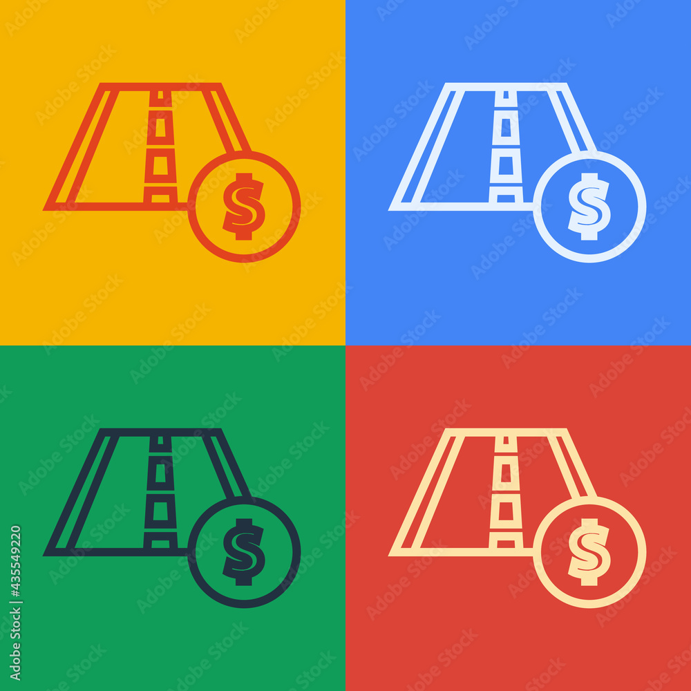 Poster pop art line toll road traffic sign. signpost icon isolated on color background. pointer symbol. str