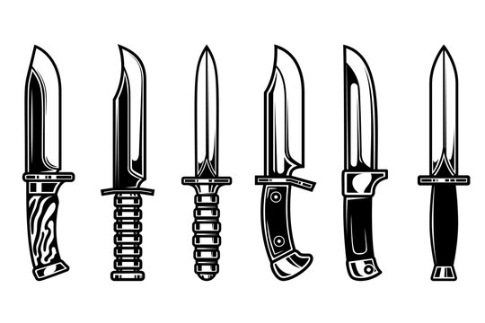 Set of illustrations of combat knives. Design element for logo, label, sign, emblem, banner. Vector illustration