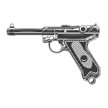 Illustration of parabellum handgun. Design element for logo, label, sign, emblem, banner. Vector illustration