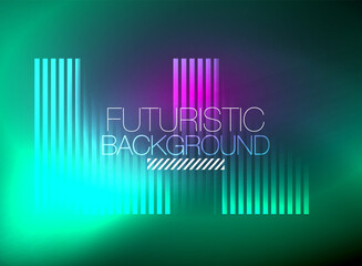 Bright neon color techno abstract background, shiny glowing neon lines in the dark background