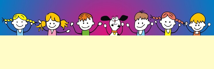 six children with dog, conceptual vector humorous illustration, your text, neon blue and purple background
