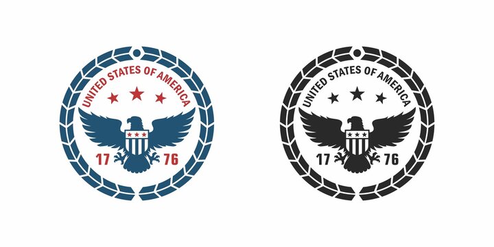 Set of color illustrations eagle, shield, wreath, stars, text on a white background. Vector illustration in vintage style for badge, emblem, label, sticker. Symbols of the USA. Independence Day.