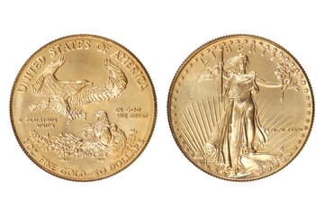 Gold coins of the United States of America isolated on a white background	