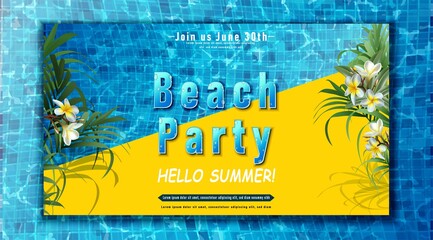 Vector summer party banner template. Pool party with exotic flowers.