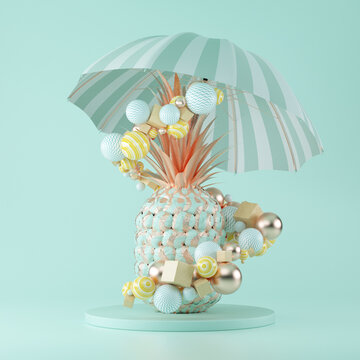 Abstract Golden Pineapple with Beach Umbrell and Geometric Shapes Objects. 3d Rendering