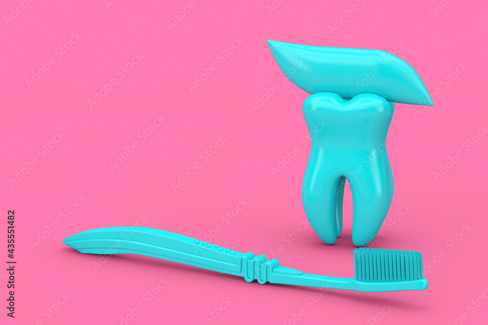Poster blue tooth and tooth brush with toothpaste in duotone style. 3d rendering