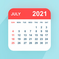 Flat Icon Calendar July 2021. 3d Rendering