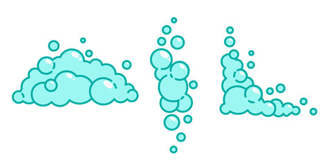 Cartoon soap foam set with bubbles. Light blue suds of bath, shampoo, shaving, mousse. Vector illustration