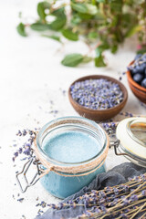 Obraz na płótnie Canvas Homemade lavender ganache made with white chocolate, cream and blue spirulina. Provence style with lavender.