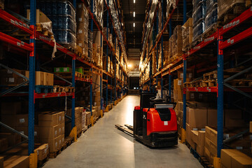 Rows of shelves with goods and forklift © bernardbodo