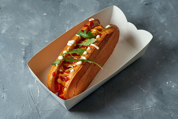 Appetizing hot dog with carrot, sausage, ketchup and mustard in a white box on a gray background