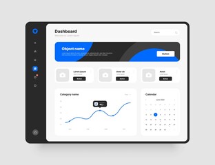 Dashboard design. Desktop app with UI elements. Use for web application or website.